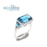 14 Karat White Gold London Blue Topaz and Diamond Ring- size 6.25